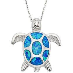 Sterling Silver Gold Tone or Rose Tone Created Blue or Pink Opal Nautical Sea Turtle 18'' Pendant Necklace