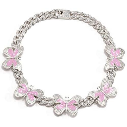 Ingemark Hip Hop Colorful Butterfly Choker Necklace Shiny Crystal Cuban Chain Link Necklace for Women Girls Fashion Jewelry