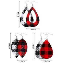 16 Pairs Christmas Plaid Earrings Faux Leather Dangle Earrings Teardrop Leaf Hollow Drop Earrings, Black and Red, Black and White