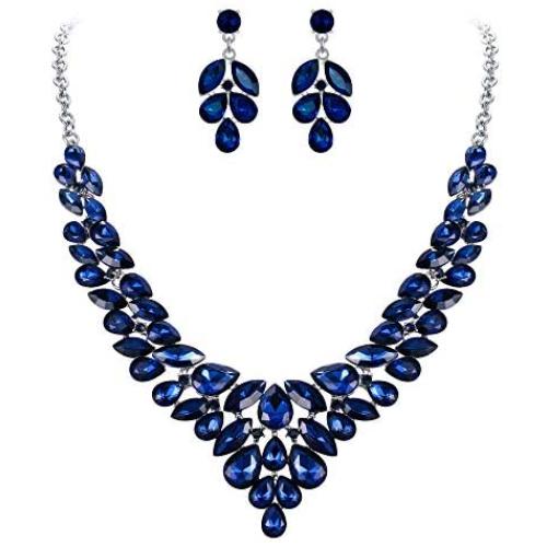 BriLove Wedding Bridal Jewelery Set for Women Crystal Teardrop Marquis Cluster Statement Necklace Dangle Earrings