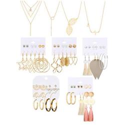 Hanpabum Fashion Jewelry Set for Women Layered Necklace with Hoop Dangle Tassel Leather Earring Lotus Ear Jacket