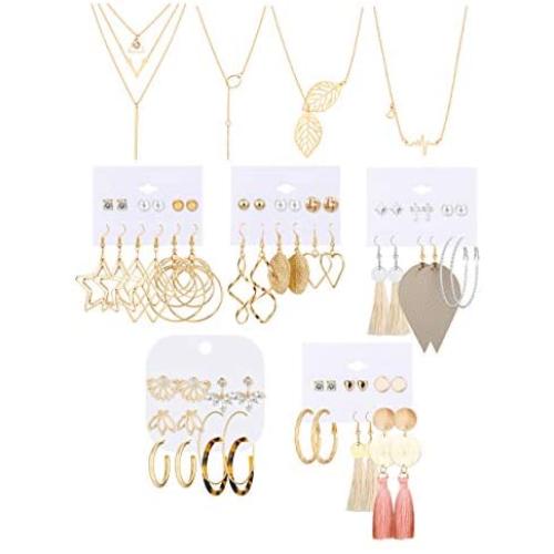 Hanpabum Fashion Jewelry Set for Women Layered Necklace with Hoop Dangle Tassel Leather Earring Lotus Ear Jacket