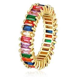 Rainbow Square Baguette Zircon Engagement Ring Colorful Cubic Zirconia Stackable Eternity Band Ring Gold Filled Copper Geometric Thin Line Multicolor Pava CZ Finger Ring for Women Girl Party Jewelry