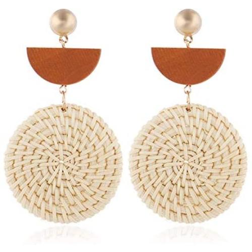 Round Semicircle Geometric Shaped Handwoven Rattan Dangle Earrings Cute Bohemian Lightweight Drop Earring Handmade Rattans Jewelry Accessory for Women Girls