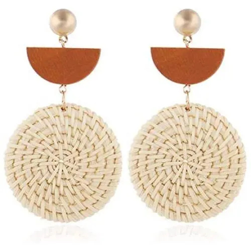 Round Semicircle Geometric Shaped Handwoven Rattan Dangle Earrings Cute Bohemian Lightweight Drop Earring Handmade Rattans Jewelry Accessory for Women Girls