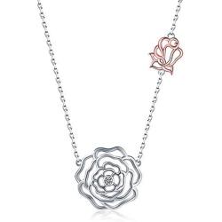 Sterling Silver Rose Necklace - Love Rose Decorated with Cubic Zirconia Two Tone Rose Flower Pendant Necklace for Women, Girls and Girlfriend ，Valentines Day Jewelry Gifts