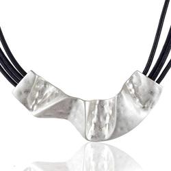 Vintage Black Leather Chokers chunky Necklace for women with Silver large pendant Jewelry