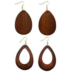 Natural Wood Earrings Geometric Triangle Earrings Wooden Water Drop Earrings for Women Statement Teardrop Jewelry 2 Pairs Of Set