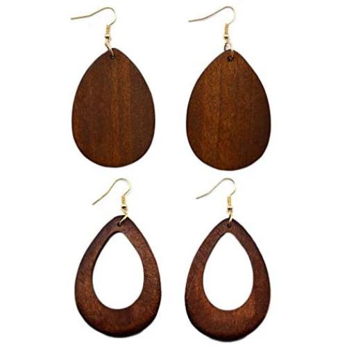 Natural Wood Earrings Geometric Triangle Earrings Wooden Water Drop Earrings for Women Statement Teardrop Jewelry 2 Pairs Of Set