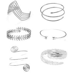 4-6 Pcs Upper Arm Band Cuff Twisted Cross Cage Bracelet Minimalist Coil Bangle Simple Swirl Gypsy Leaf Snake Arm Bracelet Adjustable Armlet Armband Set for Women Girls Jewelry