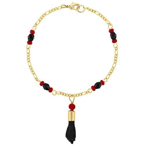 In Season Jewelry 18k Gold Plated Figa Hand Simulated Azabache Bracelet Evil Eye Protection 6.5''