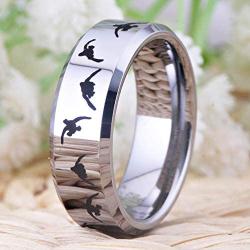 Cloud Dancer 6mm/8mm Width Lovers Silver Bevel Wedding Band with Laser Etched Bird Duck Hunting Outdoor Ring, Comfort Fit