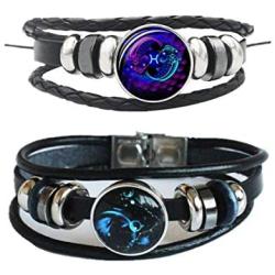 Punk Alloy Leather Bracelet Constellation Bracelet Braided Rope Bracelet Bangle Elastic Bracelets Wristbands for Women & Men 2 Piece Set