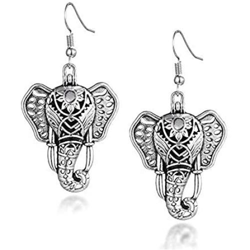 Boho Style Elephant Lava Stone Essential Oil Diffuser Earrings Antique Silver Plated Dangle Earrings Aromatherapy Earrings for women