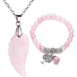 Top Plaza Reiki Healing Crystal Quartz Gemstones Jewelry Angel Wings Carved Stone Pendant Necklace Tree of Life Charm Stretch Bracelet Set