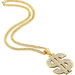 2 Pieces Gold/Silver Plated Chain for Men with Dollar Sign Pendant Necklace, Hip Hop Dollar Necklace