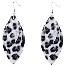 Lightweight Petal Leather Earrings Three Layered Teardrop Dangle Leaf Shape Leopard Pattern Earrings