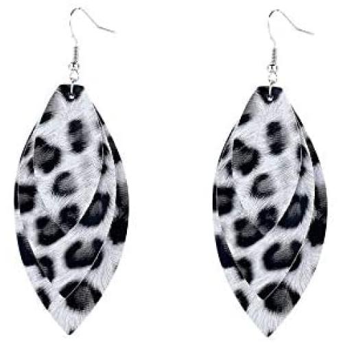 Lightweight Petal Leather Earrings Three Layered Teardrop Dangle Leaf Shape Leopard Pattern Earrings
