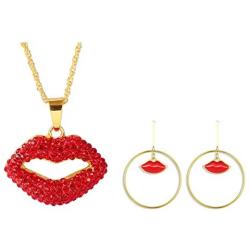 Enamel Evil Eye Heart Rhinestone Lip Dangle Earring Necklace Heart-Shaped Drop Earrings Glitter Dangling Earring Red Hoop Earring Shiny Jewelry Set for Women Girls