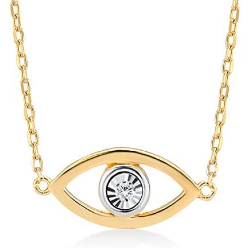 GELIN 14k Solid Gold 0,01 ct Diamond Open Evil Eye Pendant Necklace for Women, 18''