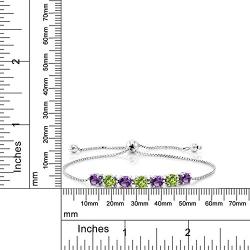 Gem Stone King 925 Sterling Silver Purple Amethyst and Green Peridot Tennis Adjustable Bracelet For Women, 2.67 Ct Round Cut