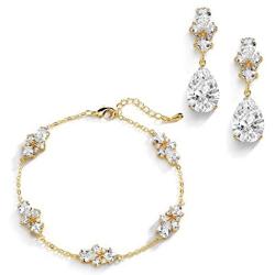 Mariell CZ Bridal Bracelet & Matching Earrings, 14K Gold Jewelry Set Adjustable Bracelet 7 ¼'' to 8 ¾''