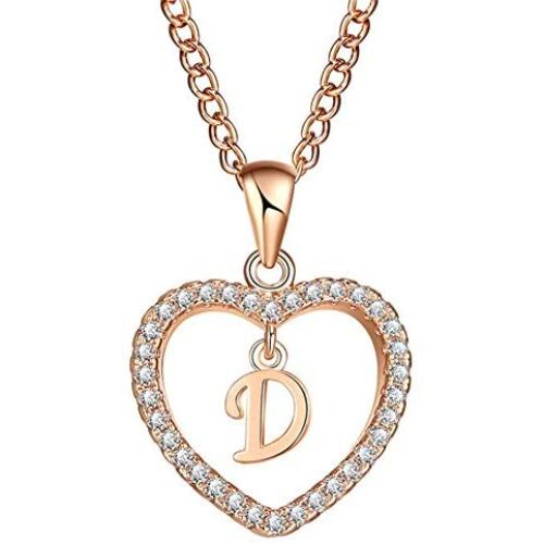 MT-Jewelry Women Rhinestone Initial Letter with Heart Pendent Necklace Alphabet Gold Collars Charms