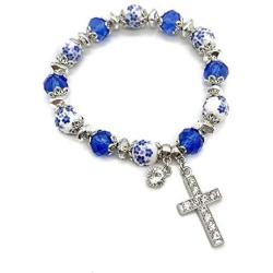 Nazareth Store Religious Cross Bracelet Christian Classic Beaded Bangle with Blue Crystal Beads Sacred Gift for Teen Girls Jewelry for Women & Men