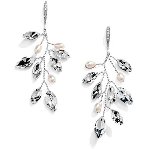 Mariell Bridal and Wedding Silver Handmade Dangle Earrings with Crystal Gems and Petite Freshwater Pearls