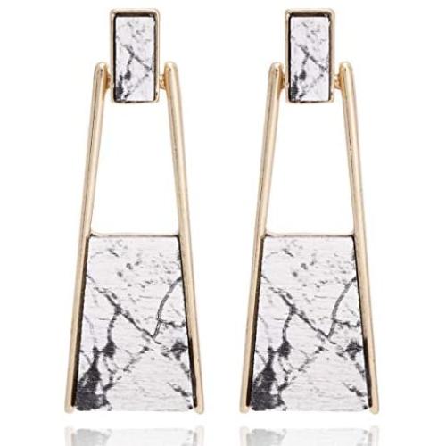 BONALUNA Bohemian Wood And Marble Effect Oblong Shaped Drop Statement Earrings