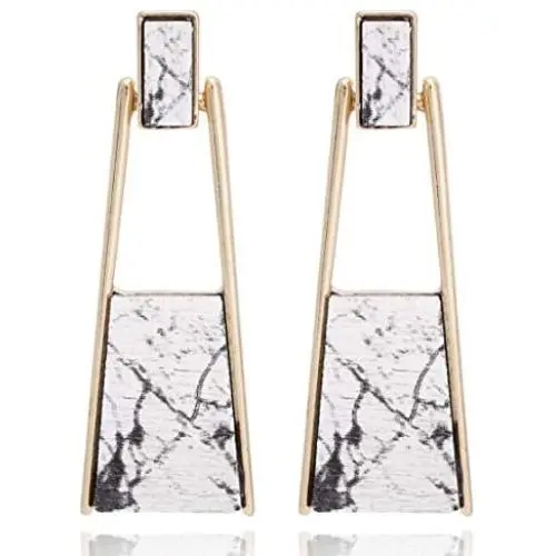 BONALUNA Bohemian Wood And Marble Effect Oblong Shaped Drop Statement Earrings BONALUNA Bohemian Wood And Marble Effect Oblong Shaped Drop Statement Earrings