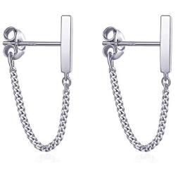 S.Leaf Chain Earrings Sterling Silver Stud Earrings Bar with Chain Dangle Earrings Gold Earrings for Women