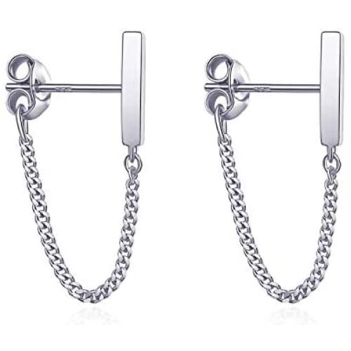 S.Leaf Chain Earrings Sterling Silver Stud Earrings Bar with Chain Dangle Earrings Gold Earrings for Women