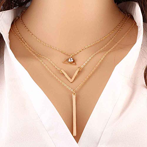 Jovono Fashion MultiLayered Necklaces Rhinestone Strip Pendant Necklace for Women and Girls(Gold)