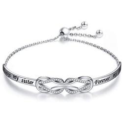 925 Sterling Silver Knot Inspirational Bracelet Engraved''Always My Sister, Forever My Friend'' Adjustable Sisters Bracelets Friendship Jewelry for Women