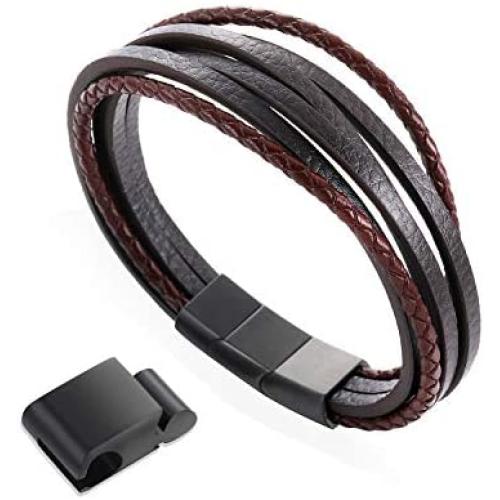 Back in Black Leather Bracelet for Men Brushed Stainless Steel Magnetic Clasp Double Layer Black Braided - incl. Extension and metal box- once as a gift!