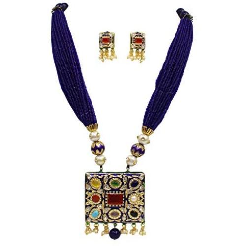 Babosa Sakhi Navratan Blue Pendant Necklace Set Indian Traditional Multicolor Meenakari Jaipuri Jewelry Set CSRN18