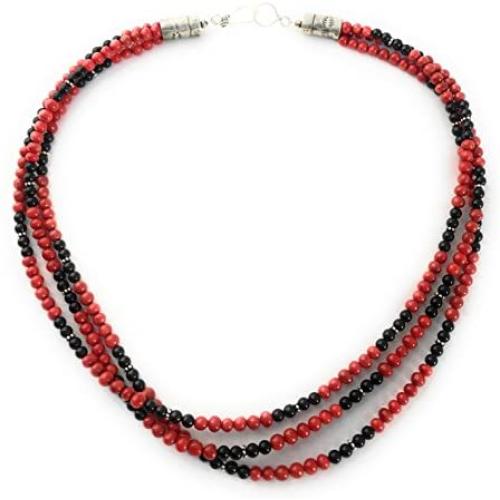 Masha Sterling Silver Necklace Bamboo Coral Black Onyx, Made in USA - Exclusive Southwestern Handmade Jewelry, 3 Strand 19'' in Length