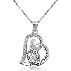 LoEnMe Jewelry 925 Sterling Silver Necklace Love Heart with Birthstone Crystal Forever Friend Sister Soulmate Engraved Pendants Gift for Mom