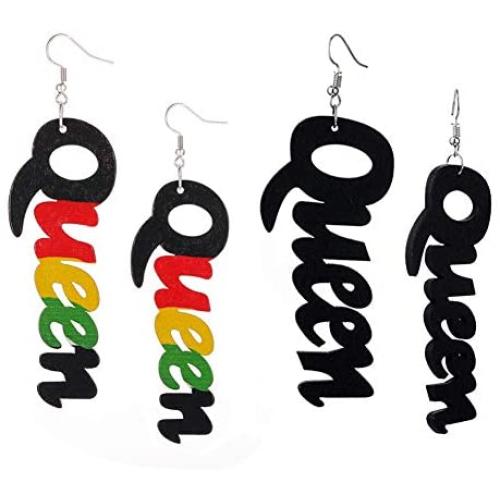 GUOXIAOMEI 2 Pairs Afrocentric African Wood Earrings African Wooden Dangle Text Earrings Natural Ethnic Earrings