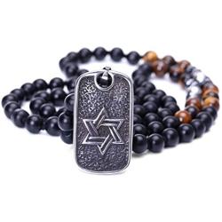 PEARLADA Gothic Skull Necklace Pendant Necklace Fashion Star of David and Cross Dangle Necklaces Long Black Onyx Beads Jewelry Handmade for Women Stainless Steel Necklace