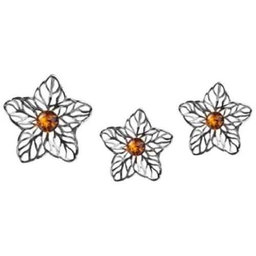 Sterling Silver Amber Cristal Flower Jewelry Set Earrings and Pendant