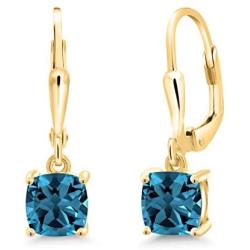 Gem Stone King 18K Yellow Gold Plated Silver London Blue Topaz Earrings For Women (2.35 Cttw, Gemstone Birthstone, Cushion Cut 6MM)