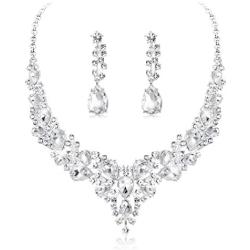 YADOCA Womens Wedding Bridal Necklace Earrings Jewelry Set Sparkling Crystal Teardrop Cluster Statement Necklace Earrings for Bridesmaid