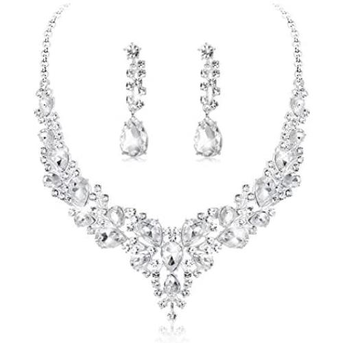 YADOCA Womens Wedding Bridal Necklace Earrings Jewelry Set Sparkling Crystal Teardrop Cluster Statement Necklace Earrings for Bridesmaid