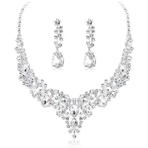 YADOCA Womens Wedding Bridal Necklace Earrings Jewelry Set Sparkling Crystal Teardrop Cluster Statement Necklace Earrings for Bridesmaid YADOCA Womens Wedding Bridal Necklace Earrings Jewelry Set Sparkling Crystal Teardrop Cluster Statement Necklace Earrings for Bridesmaid