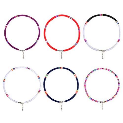 6pcs Heishi Necklace Rainbow Vinyl Disc Bead Surfer Choker Necklace Heishi Bead Stretch Necklace Summer Vacation Beach Jewelry Set for Women Girls(2)