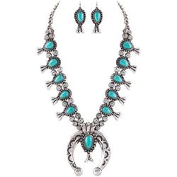 Jayde N Grey Turquoise Squash Blossom Navajo Bohemian Womens Southwestern Statement Choker Necklace & Earrings Bundle: Set & Jewelry Bag