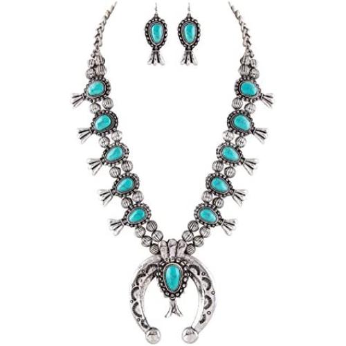 Jayde N Grey Turquoise Squash Blossom Navajo Bohemian Womens Southwestern Statement Choker Necklace & Earrings Bundle: Set & Jewelry Bag