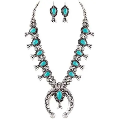 Jayde N Grey Turquoise Squash Blossom Navajo Bohemian Womens Southwestern Statement Choker Necklace & Earrings Bundle: Set & Jewelry Bag